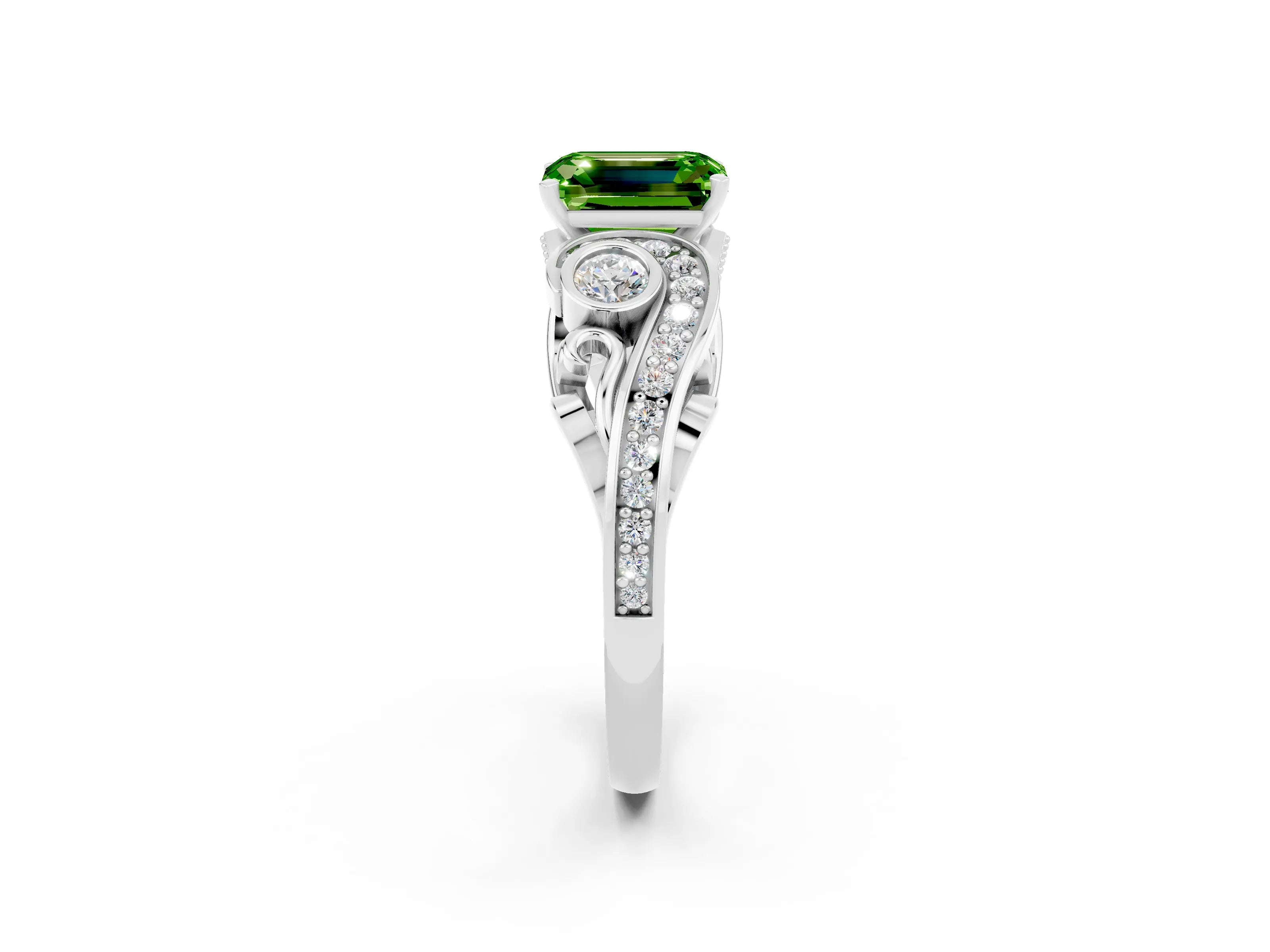 White gold Emerald Cut Peridot Solitaire Ring with Milgrain Pavé Band and Four-Prong Setting_50
