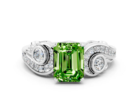 White gold Emerald Cut Peridot Solitaire Ring with Milgrain Pavé Band and Four-Prong Setting_60