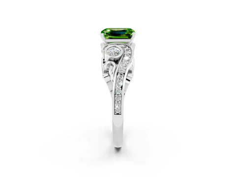White gold Emerald Cut Peridot Solitaire Ring with Milgrain Pavé Band and Four-Prong Setting_62
