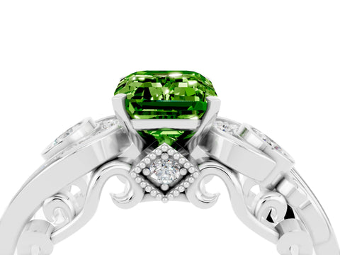White gold Emerald Cut Peridot Solitaire Ring with Milgrain Pavé Band and Four-Prong Setting_64