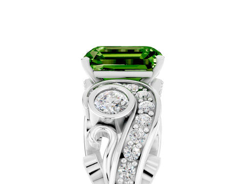 White gold Emerald Cut Peridot Solitaire Ring with Milgrain Pavé Band and Four-Prong Setting_65