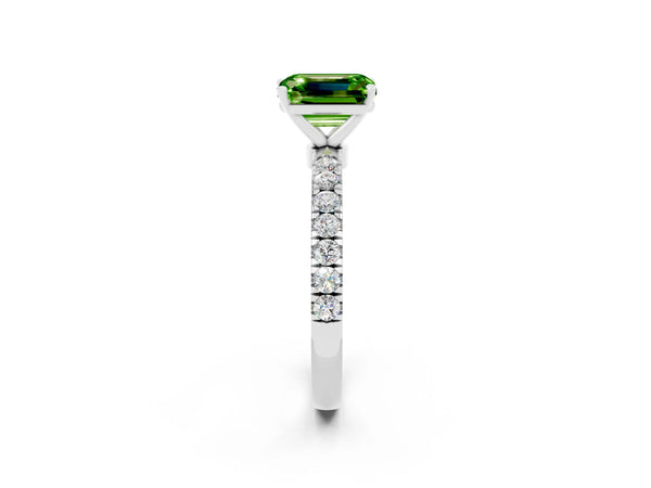 White gold Emerald Cut Peridot Solitaire Ring with Pavé Accents and Four-Prong Setting