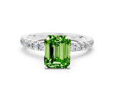 White gold Emerald Cut Peridot Solitaire Ring with Pavé Accents and Four-Prong Setting