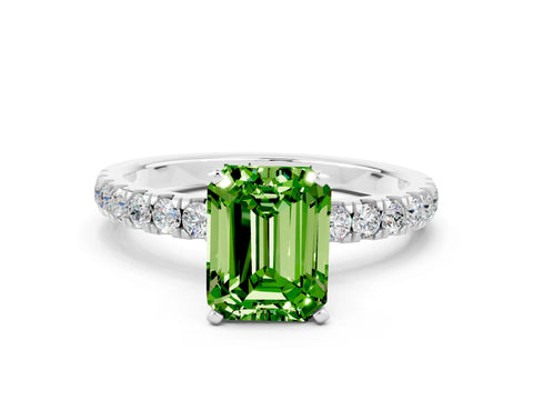 White gold Emerald Cut Peridot Solitaire Ring with Pavé Accents and Four-Prong Setting