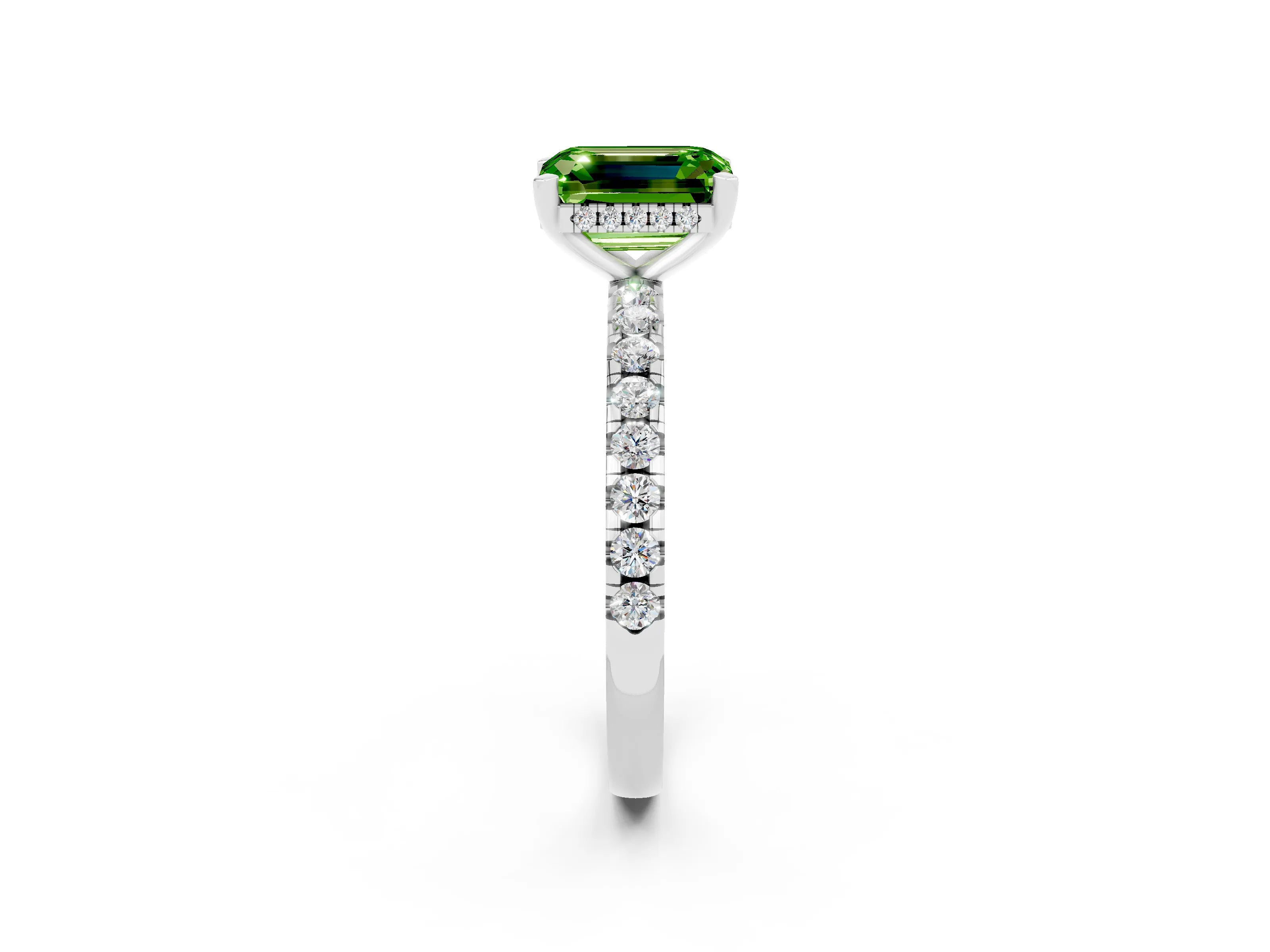 White gold Emerald Cut Peridot Solitaire Ring with Pavé Band and Four-Prong Setting_26