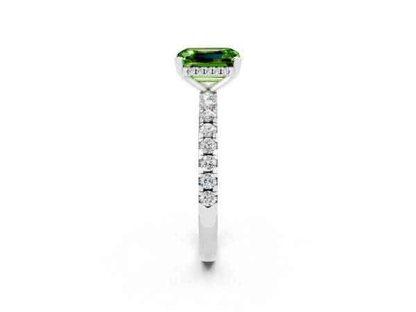 White gold Emerald Cut Peridot Solitaire Ring with Round  Pavé Band and Four-Prong Setting