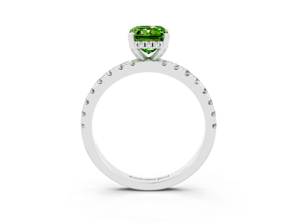 White gold Emerald Cut Peridot Solitaire Ring with Round  Pavé Band and Four-Prong Setting