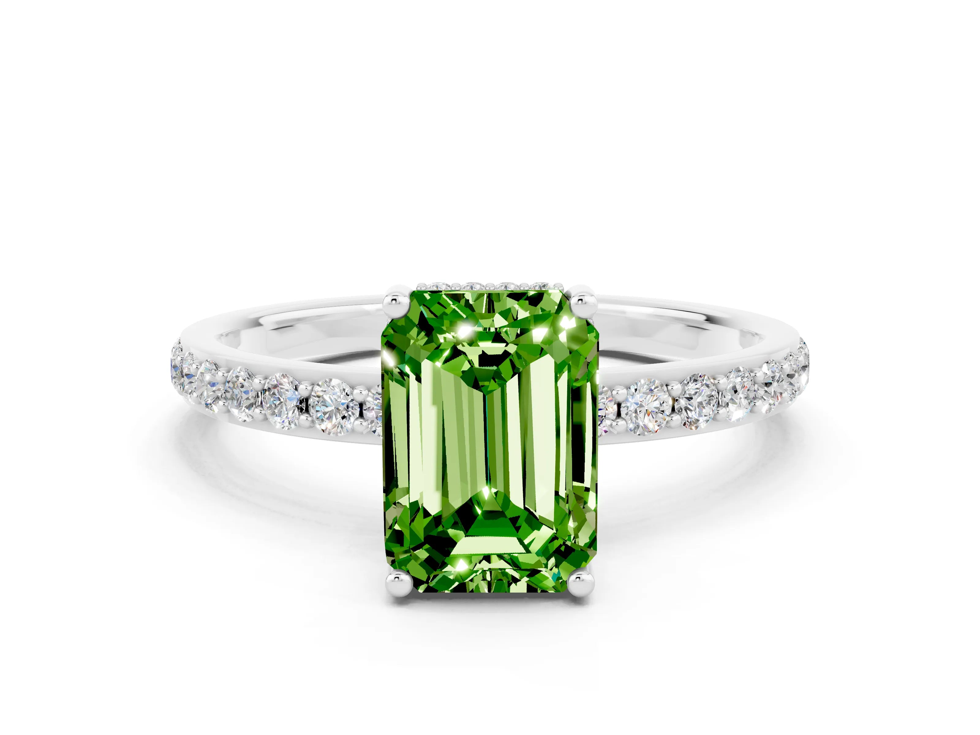 White gold Emerald Cut Peridot Solitaire Ring with Pavé Band and Hidden Halo_30