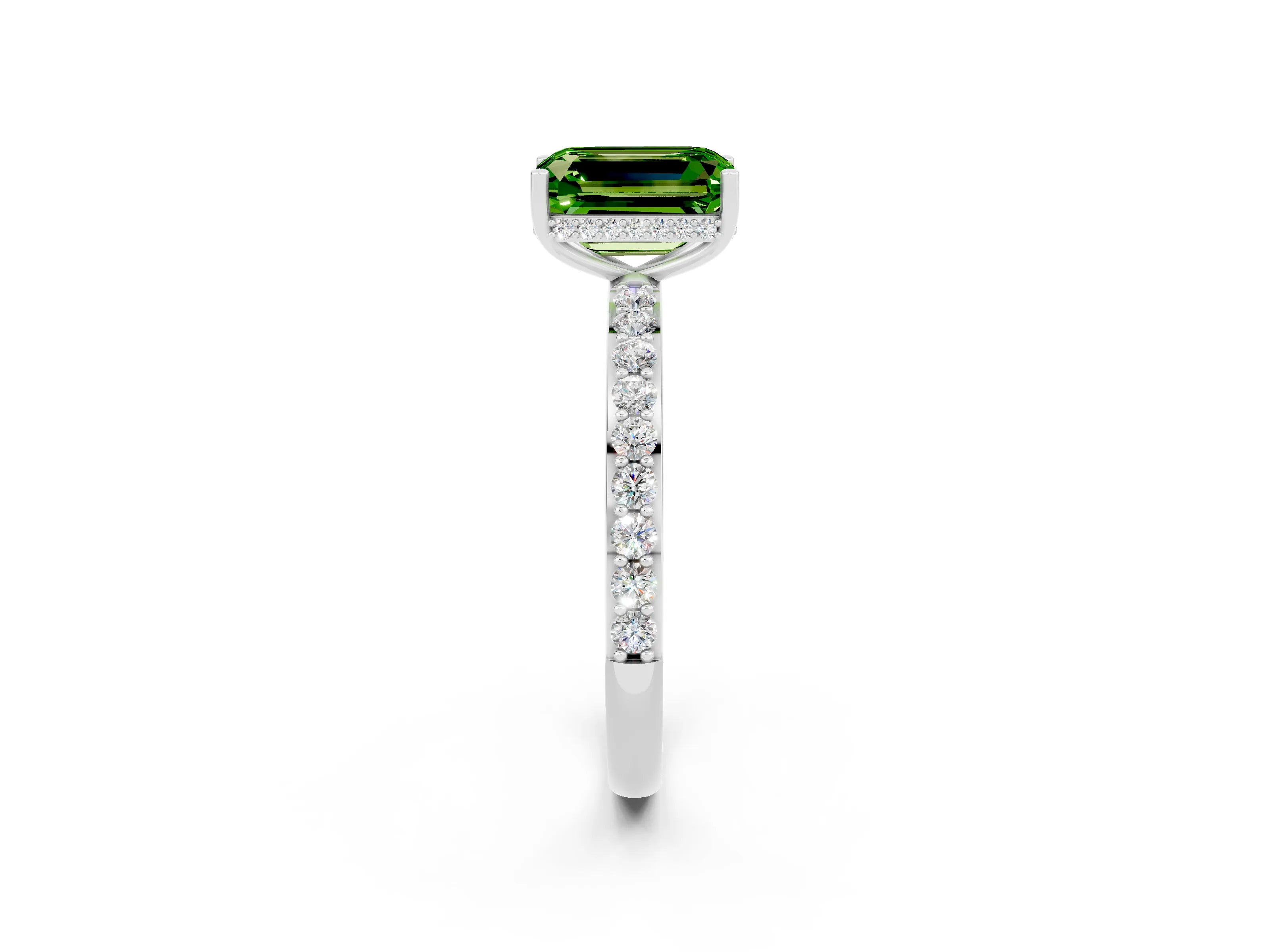 White gold Emerald Cut Peridot Solitaire Ring with Pavé Band and Hidden Halo_32