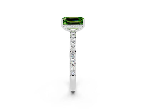 White gold Emerald Cut Peridot Solitaire Ring with Pavé Band and Hidden Halo_32