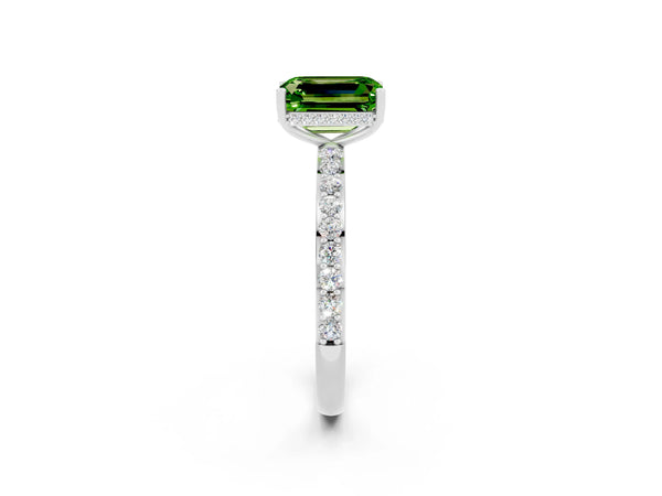 Platinum Emerald Cut Peridot Solitaire Ring with Pavé Band and Hidden Halo