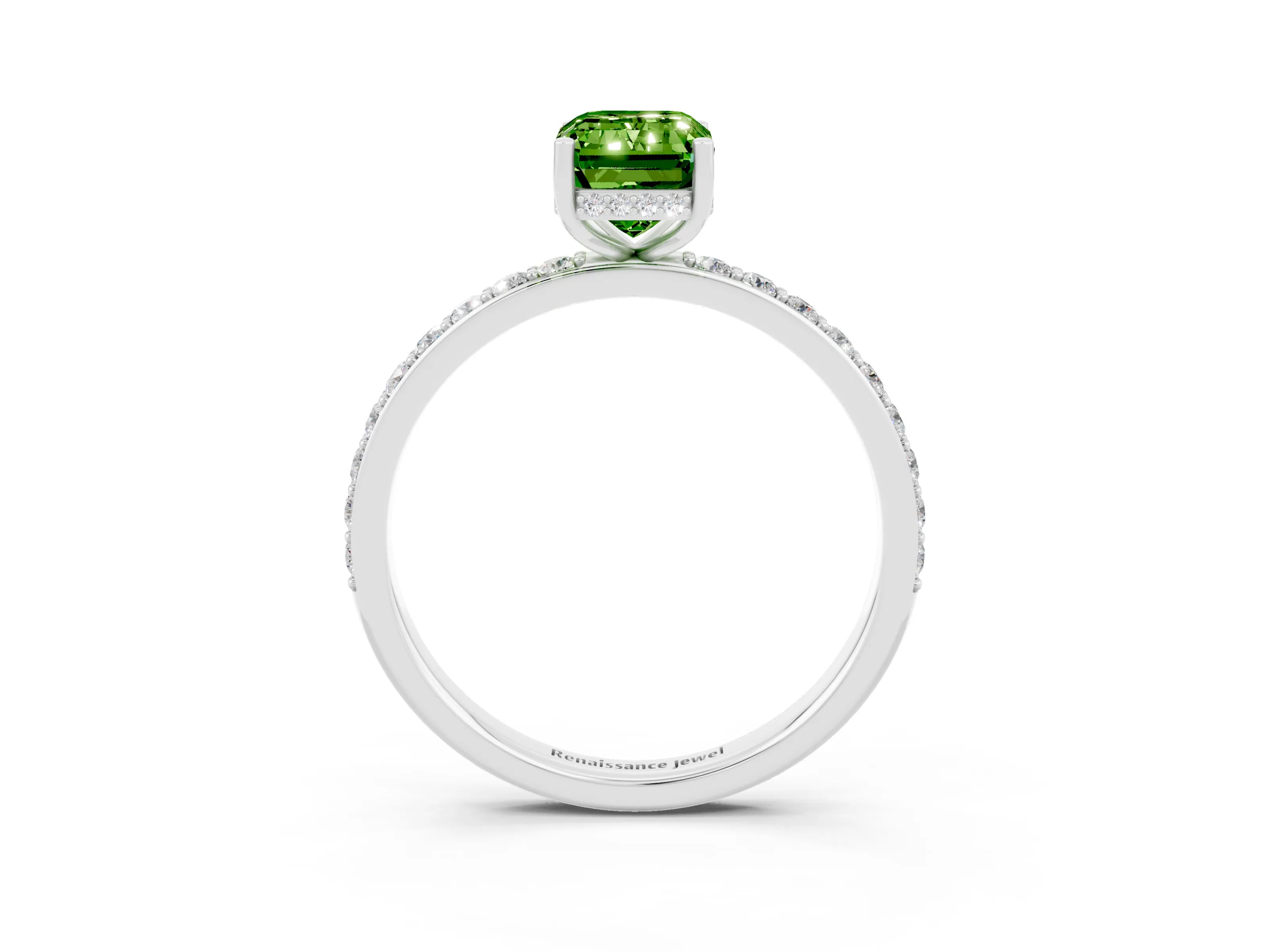 White gold Emerald Cut Peridot Solitaire Ring with Pavé Band and Hidden Halo_44