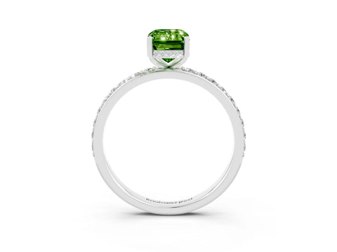 White gold Emerald Cut Peridot Solitaire Ring with Pavé Band and Hidden Halo_44