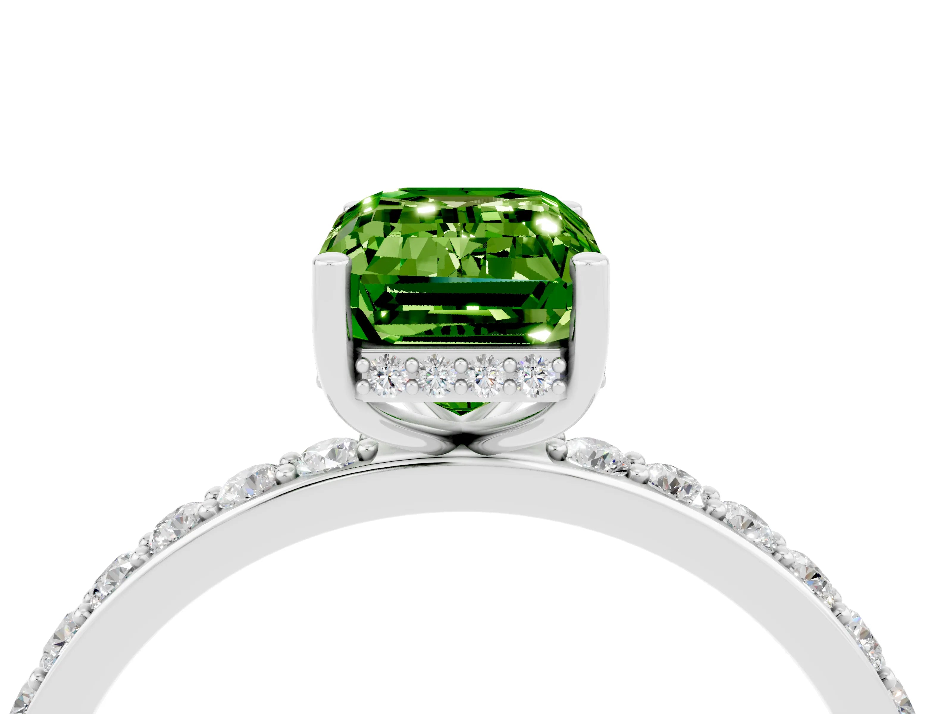 White gold Emerald Cut Peridot Solitaire Ring with Pavé Band and Hidden Halo_45