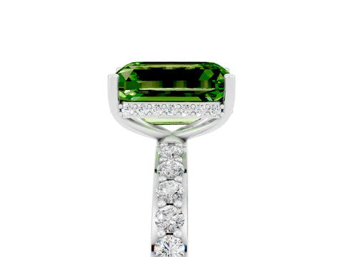 White gold Emerald Cut Peridot Solitaire Ring with Pavé Band and Hidden Halo_46