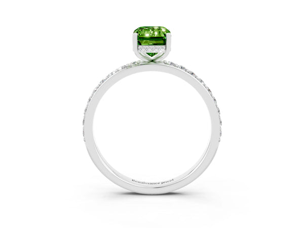 White gold Emerald Cut Peridot Solitaire Ring with Pavé Band and Hidden Halo