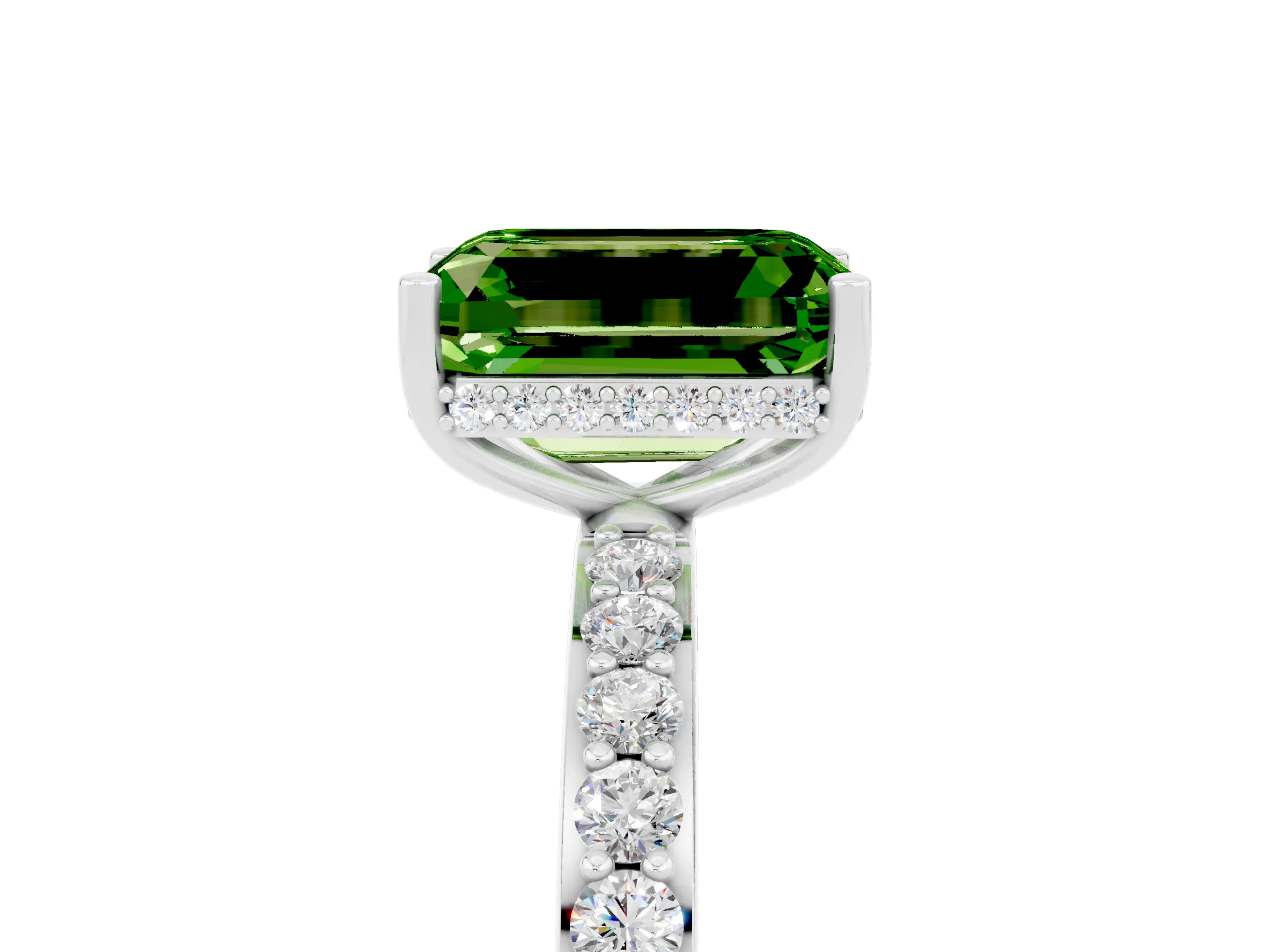 White gold Emerald Cut Peridot Solitaire Ring with Pavé Band and Hidden Halo_59