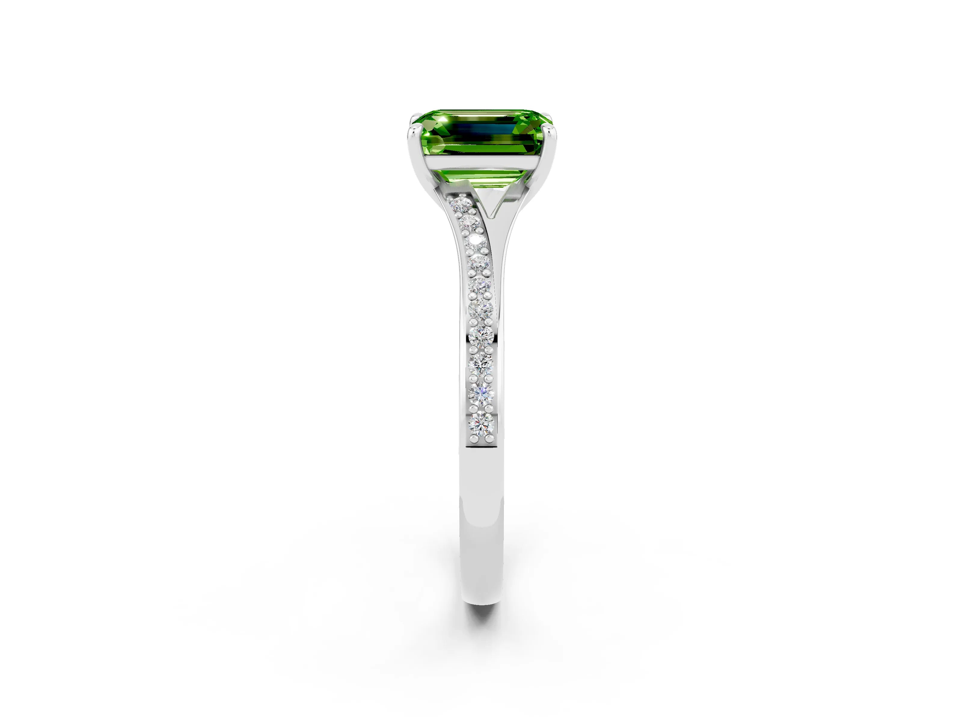 White gold Emerald Cut Peridot Solitaire Ring with Pavé Band and Prong Setting_14