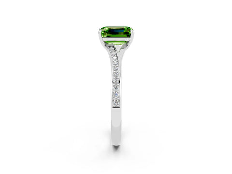White gold Emerald Cut Peridot Solitaire Ring with Pavé Band and Prong Setting_14
