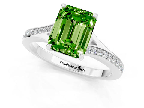 White gold Emerald Cut Peridot Solitaire Ring with Pavé Band and Prong Setting_1