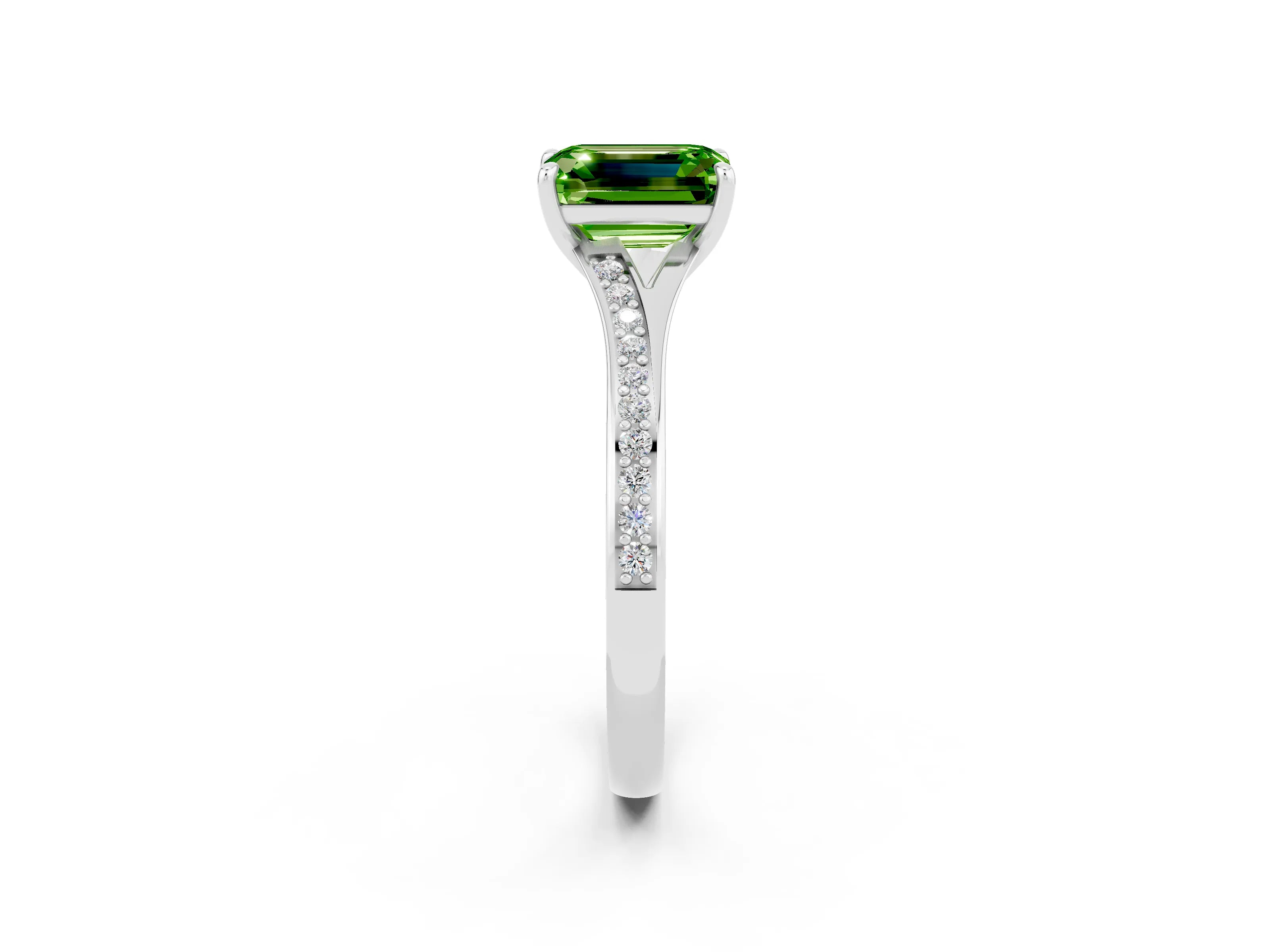 White gold Emerald Cut Peridot Solitaire Ring with Pavé Band and Prong Setting_2