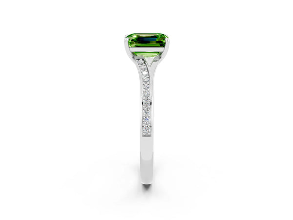 Platinum Emerald Cut Peridot Solitaire Ring with Pavé Band and Prong Setting