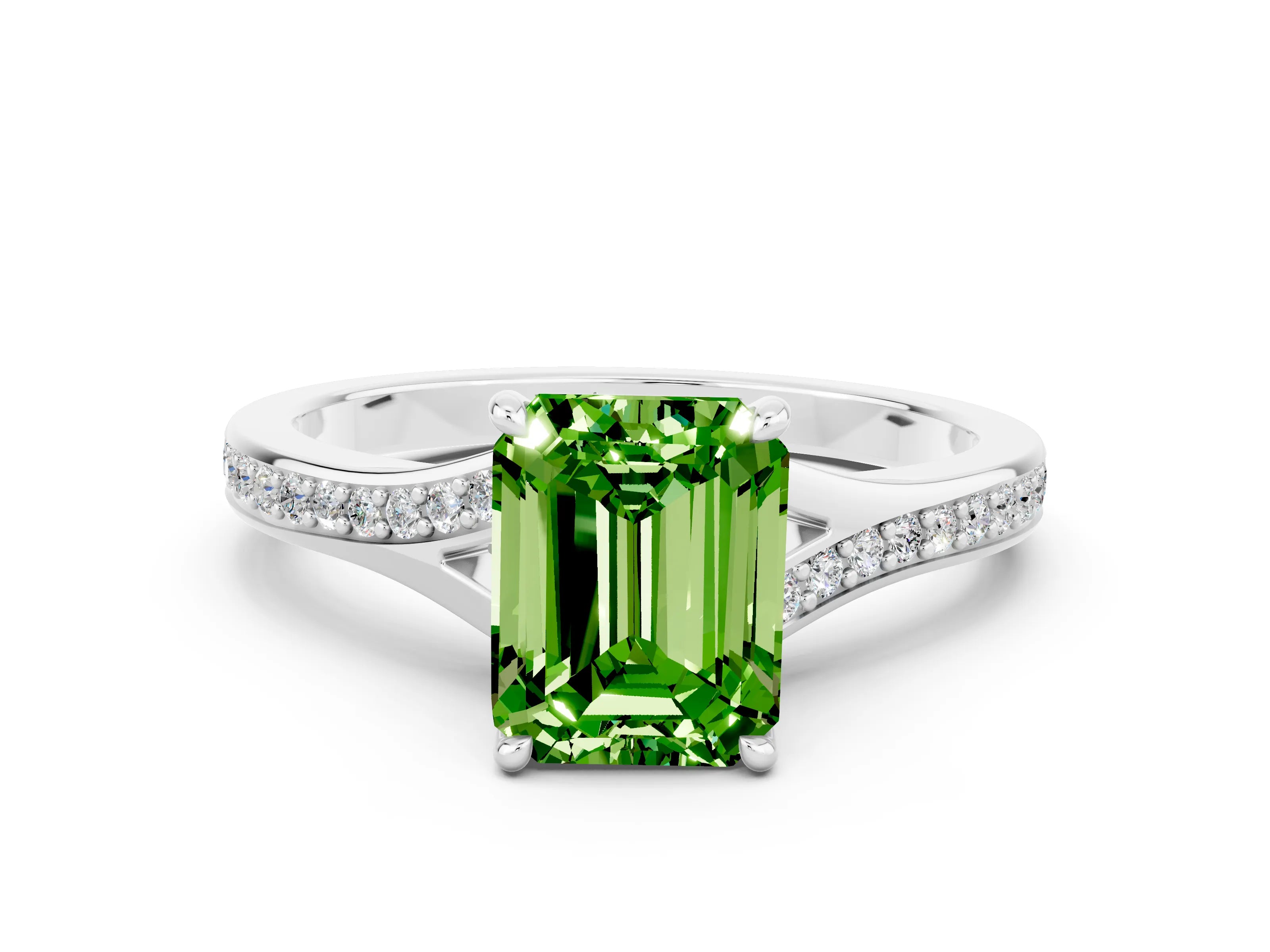 White gold Emerald Cut Peridot Solitaire Ring with Pavé Band and Prong Setting_24