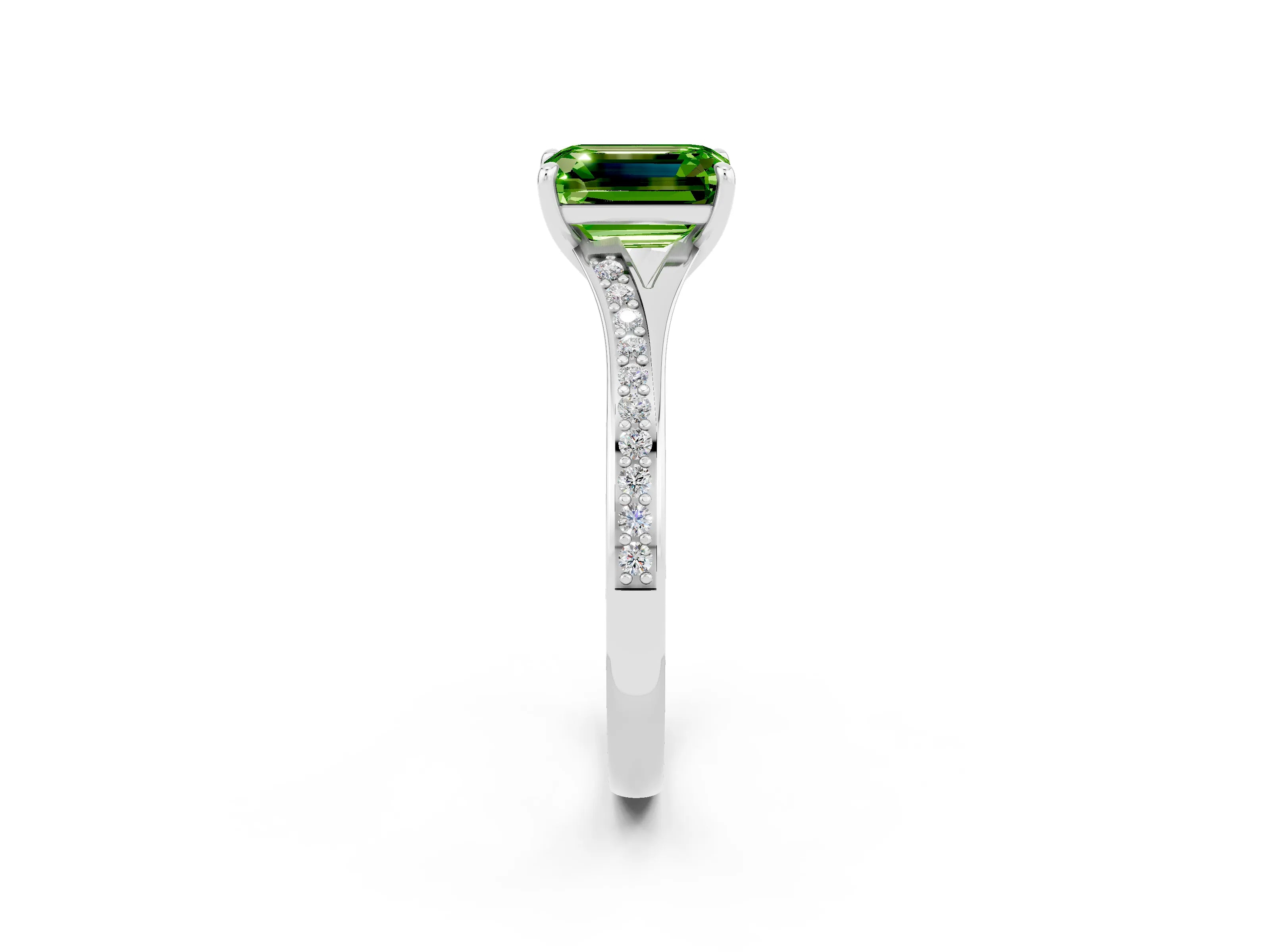 White gold Emerald Cut Peridot Solitaire Ring with Pavé Band and Prong Setting_26