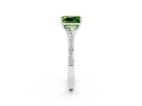 White gold Emerald Cut Peridot Solitaire Ring with Pavé Band and Prong Setting_26
