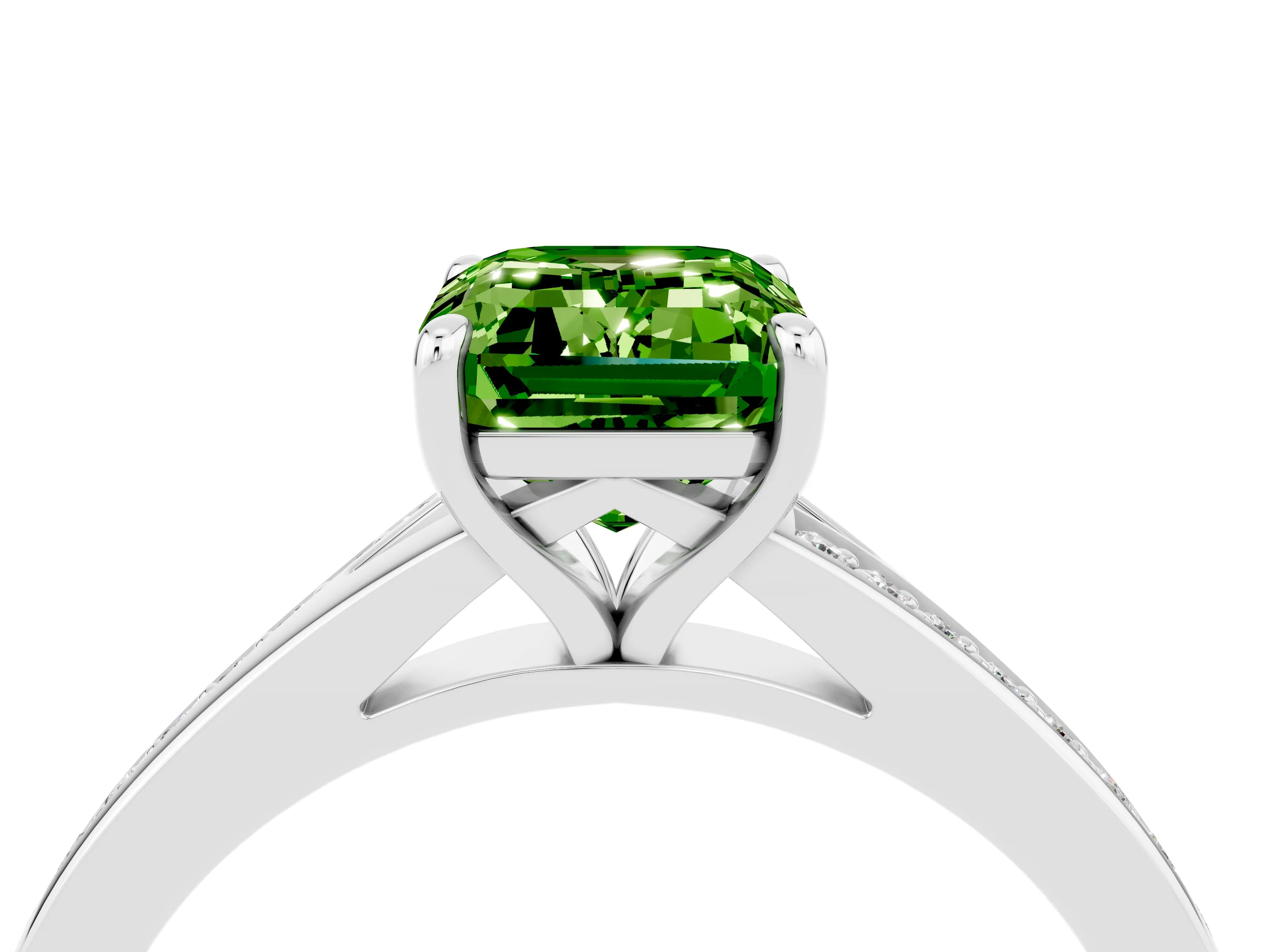 White gold Emerald Cut Peridot Solitaire Ring with Pavé Band and Prong Setting_28