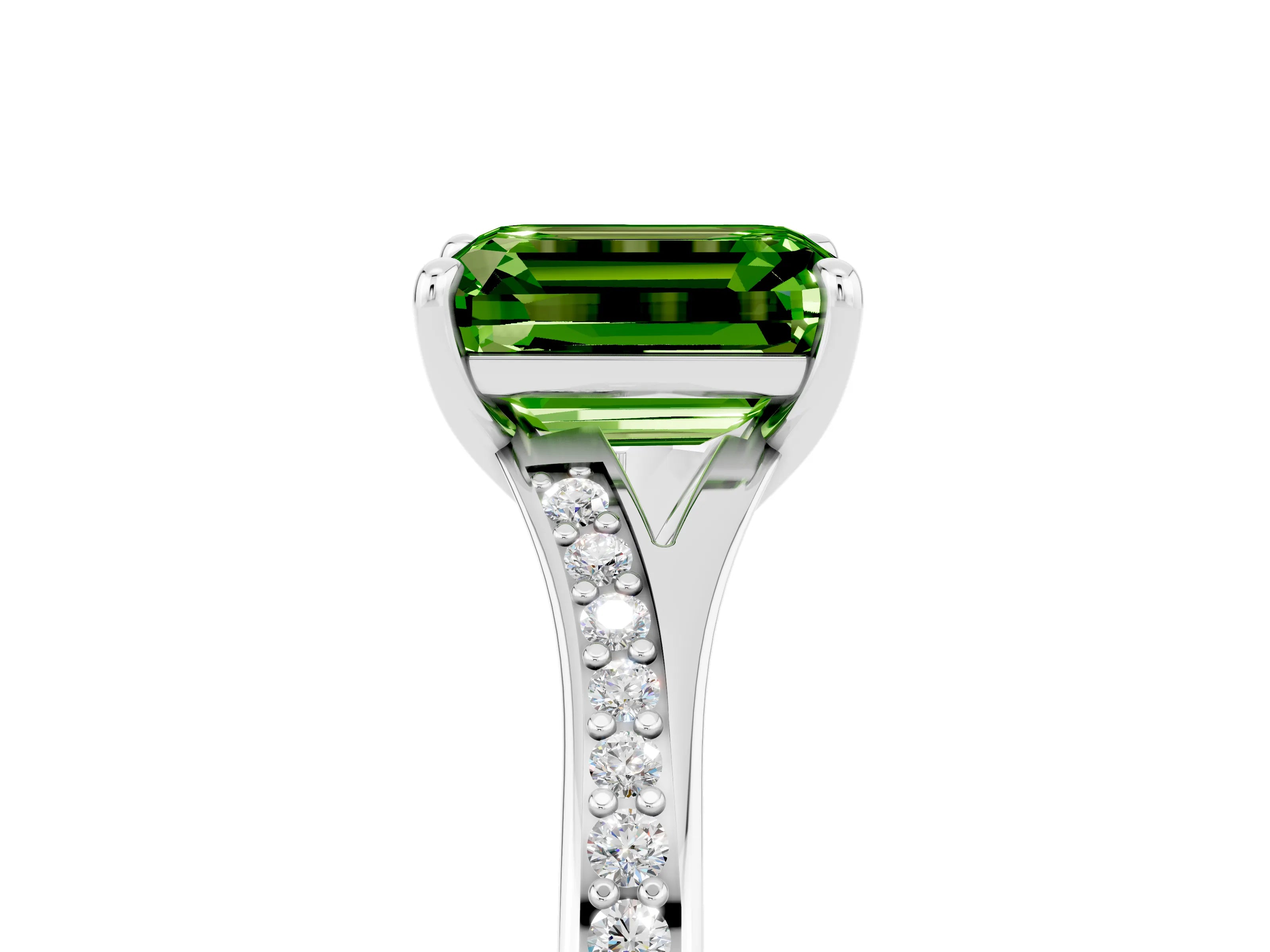 White gold Emerald Cut Peridot Solitaire Ring with Pavé Band and Prong Setting_29