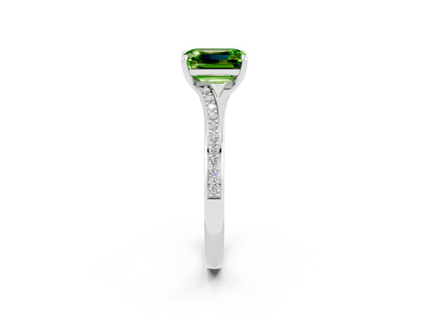 White gold Emerald Cut Peridot Solitaire Ring with Pavé Band and Prong Setting_2