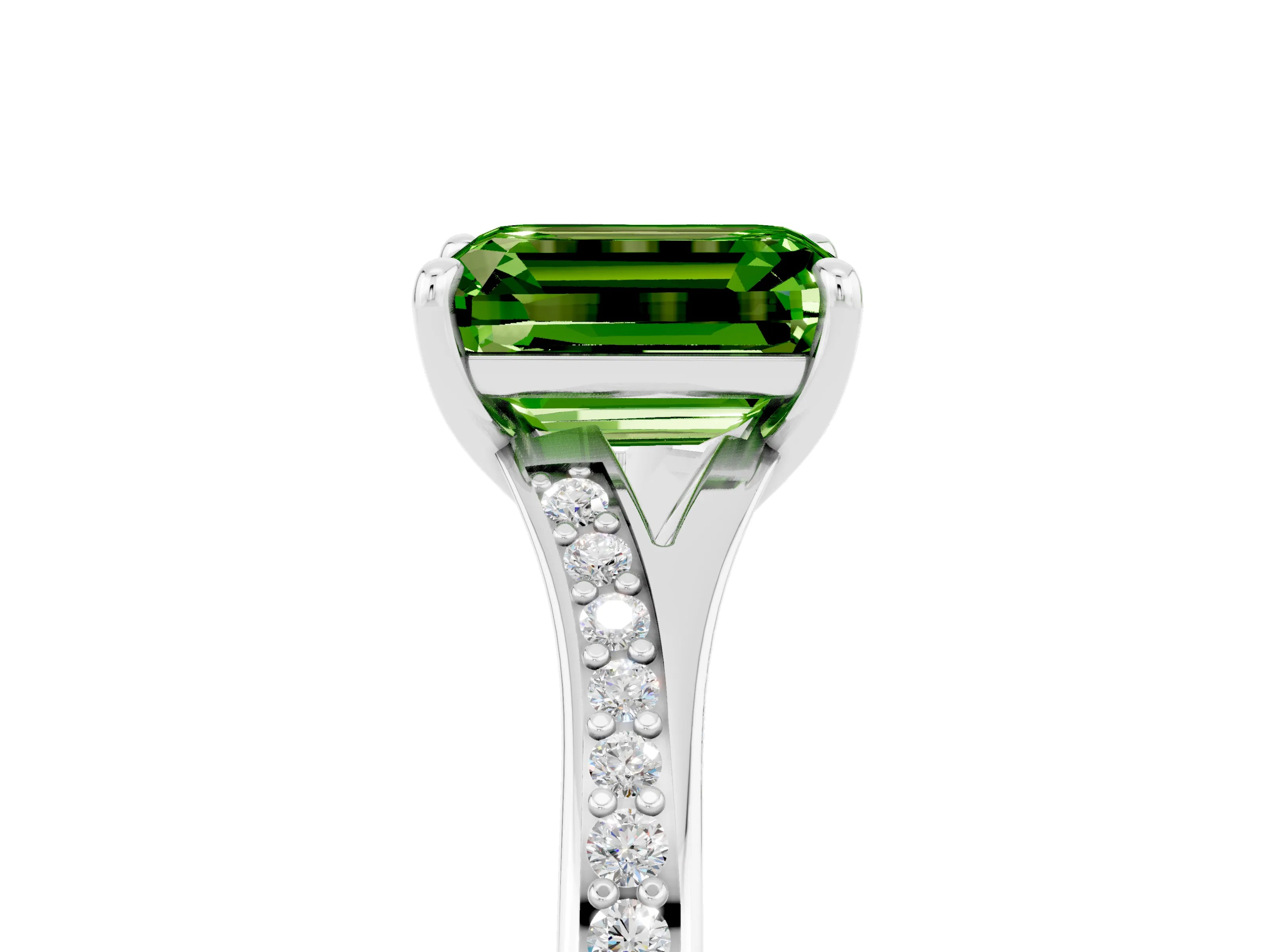 White gold Emerald Cut Peridot Solitaire Ring with Pavé Band and Prong Setting_5