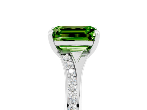 White gold Emerald Cut Peridot Solitaire Ring with Pavé Band and Prong Setting_5