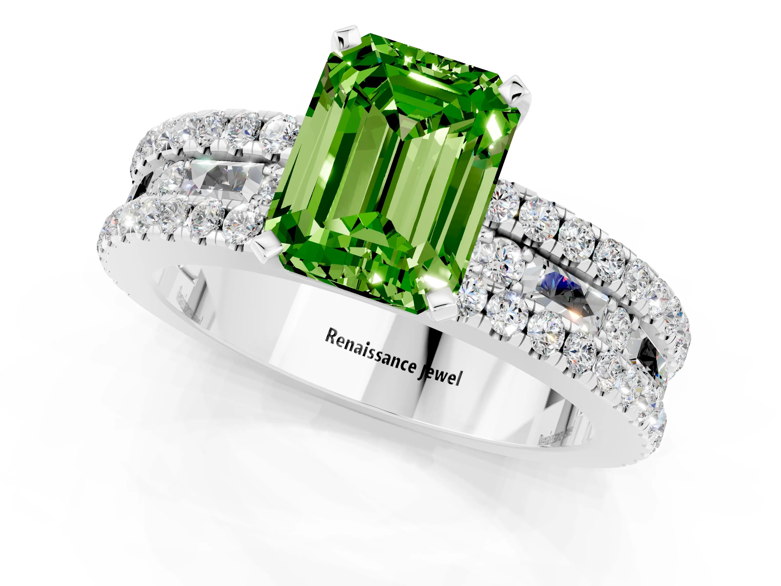 White gold Emerald Cut Peridot Solitaire Ring with Pavé and Channel Set Band_25
