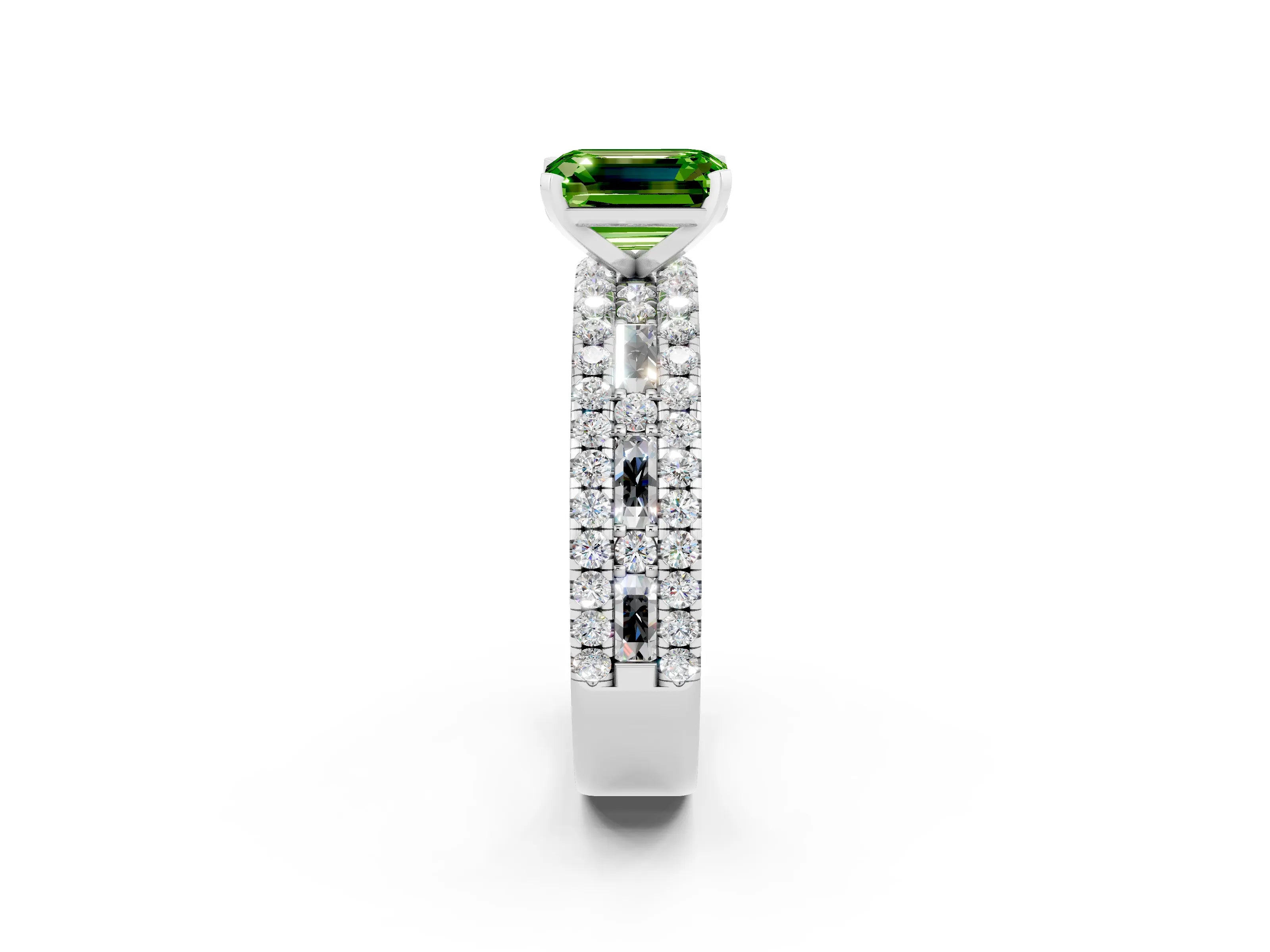 White gold Emerald Cut Peridot Solitaire Ring with Pavé and Channel Set Band_26