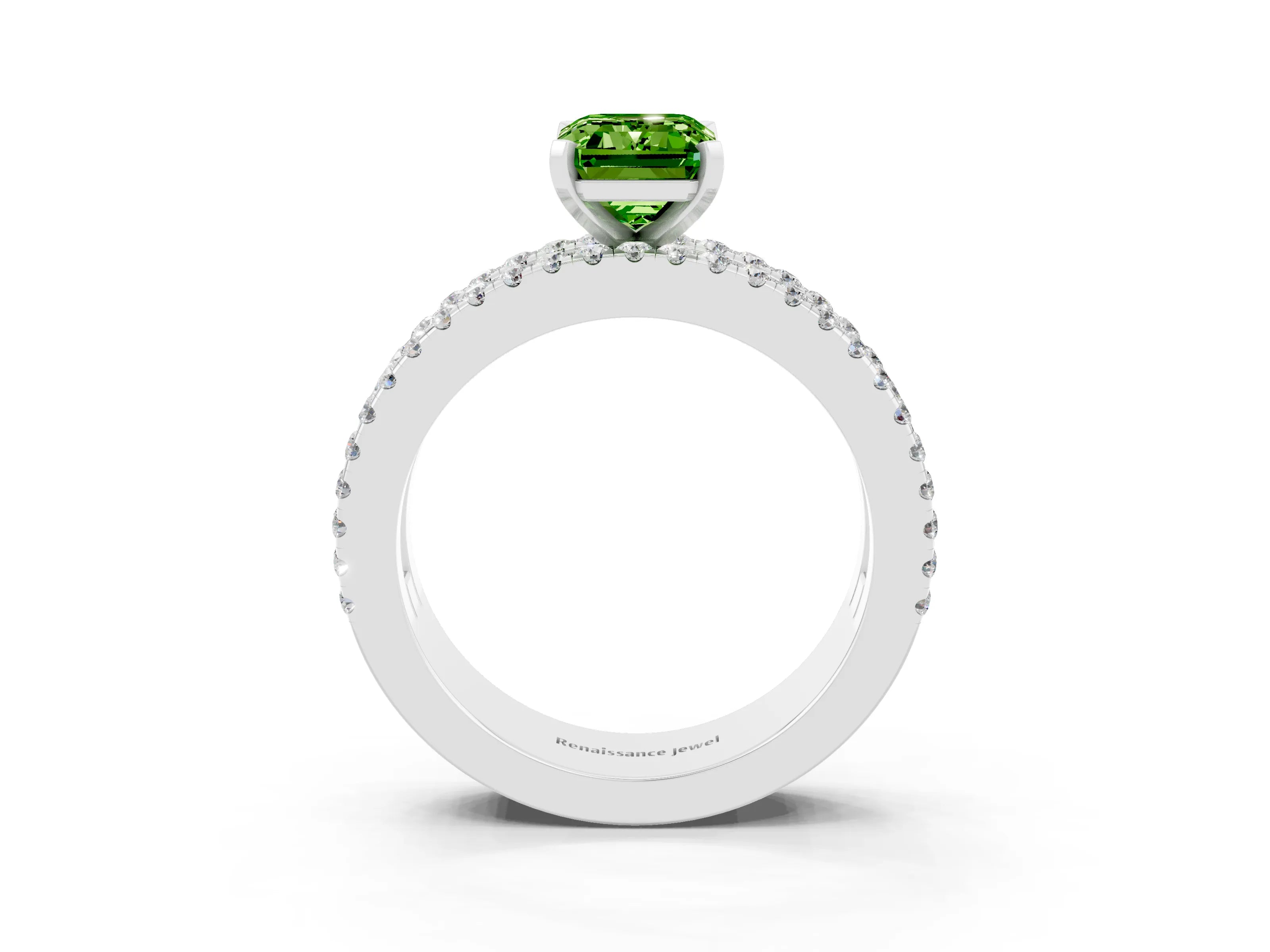 White gold Emerald Cut Peridot Solitaire Ring with Pavé and Channel Set Band_27