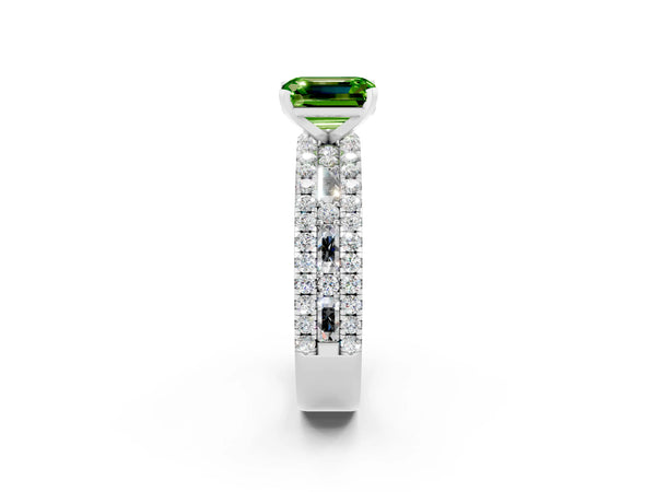 White gold Emerald Cut Peridot Solitaire Ring with Pavé and Channel Set Band