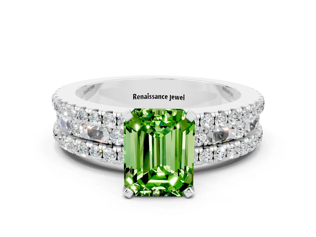 White gold Emerald Cut Peridot Solitaire Ring with Pavé and Channel Set Band_36