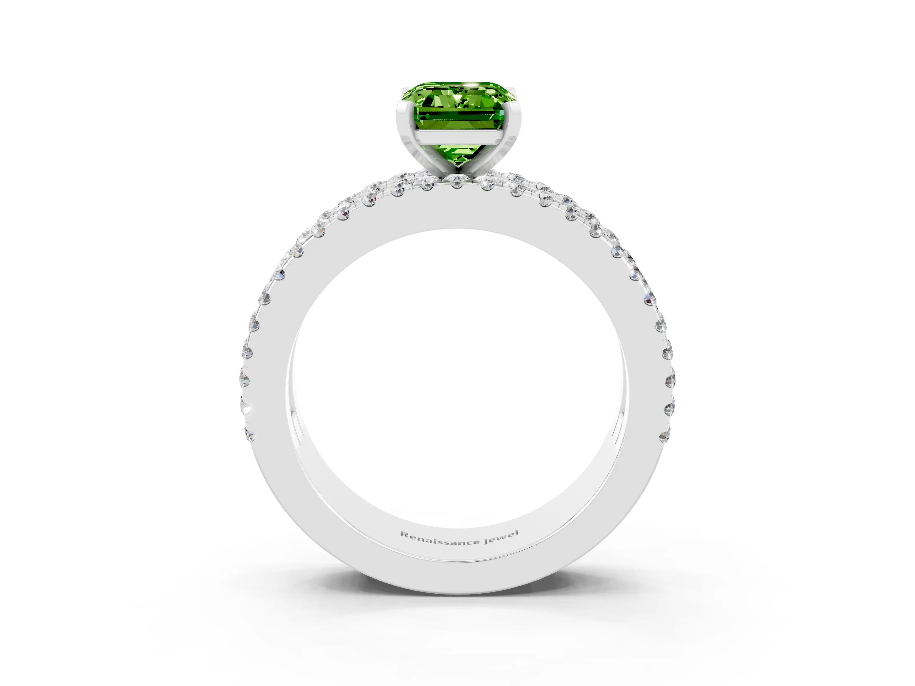 White gold Emerald Cut Peridot Solitaire Ring with Pavé and Channel Set Band_39