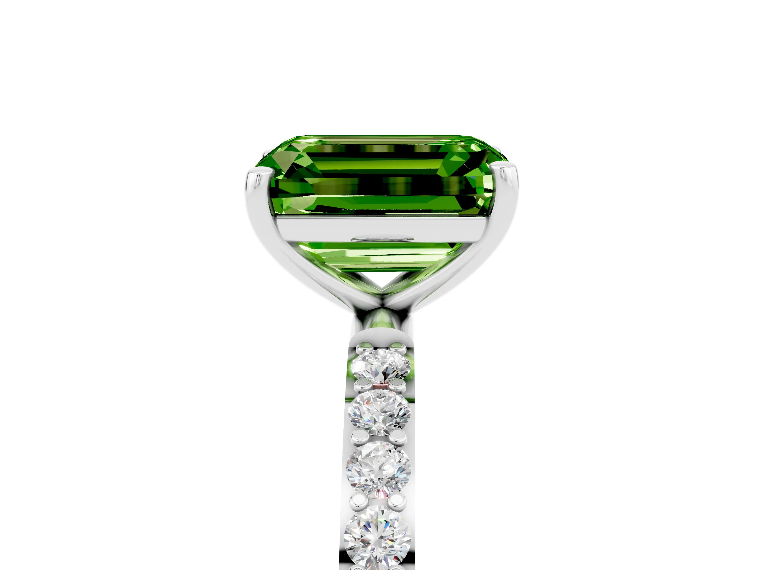 White gold Emerald Cut Peridot Solitaire Ring with Pave Band and Four Prong Setting_17