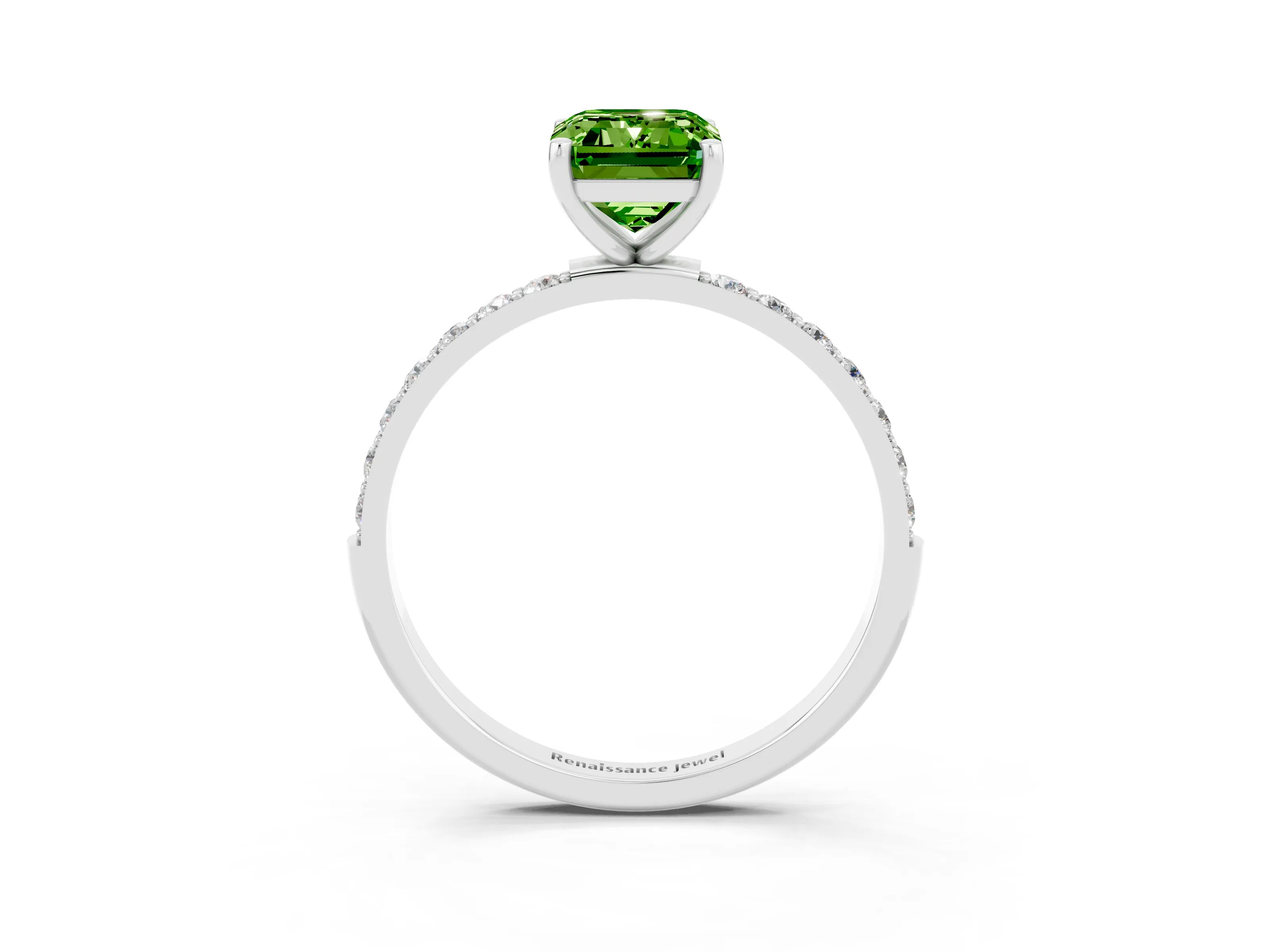 White gold Emerald Cut Peridot Solitaire Ring with Pave Band and Four Prong Setting_27