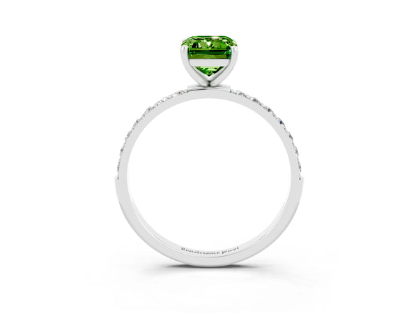 Silver Emerald Cut Peridot Solitaire Ring with Round  Pavé Band and Prong Setting