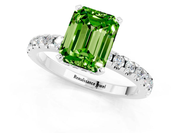 White gold Emerald Cut Peridot Solitaire Ring with Round  Pavé Band and Four-Prong Setting