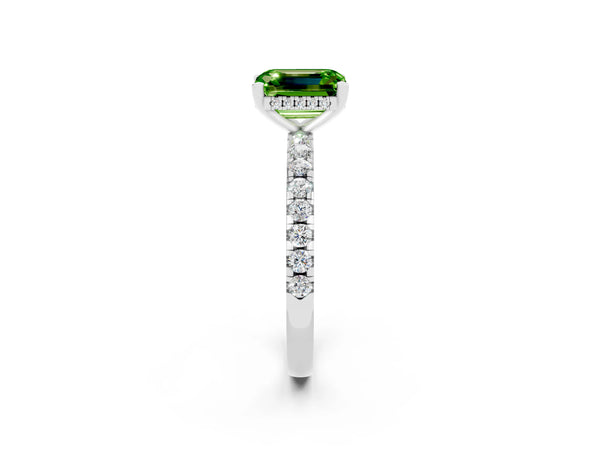 White gold Emerald Cut Peridot Solitaire Ring with Round  Pavé Band and Four-Prong Setting