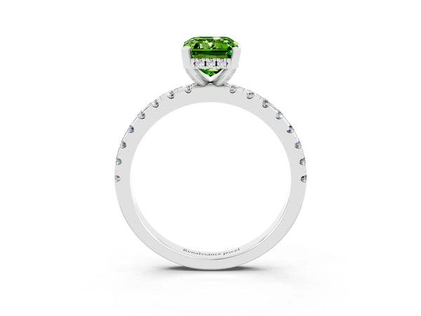 White gold Emerald Cut Peridot Solitaire Ring with Round  Pavé Band and Four-Prong Setting