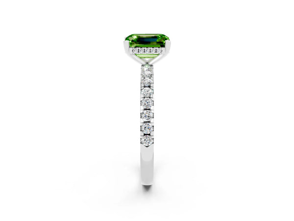 White gold Emerald Cut Peridot Solitaire Ring with Round Pavé Band and Four-Prong Setting