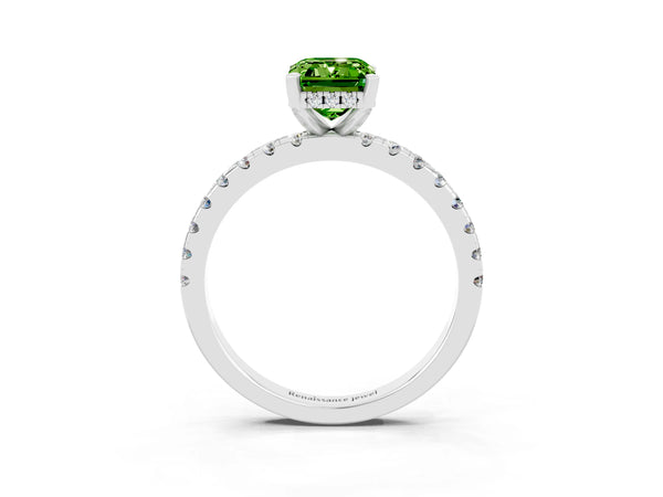 White gold Emerald Cut Peridot Solitaire Ring with Round Pavé Band and Four-Prong Setting