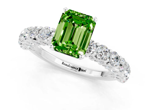 White gold Emerald Cut Peridot Solitaire Ring with Shared Prong Pavé Band and Four-Prong Setting_1