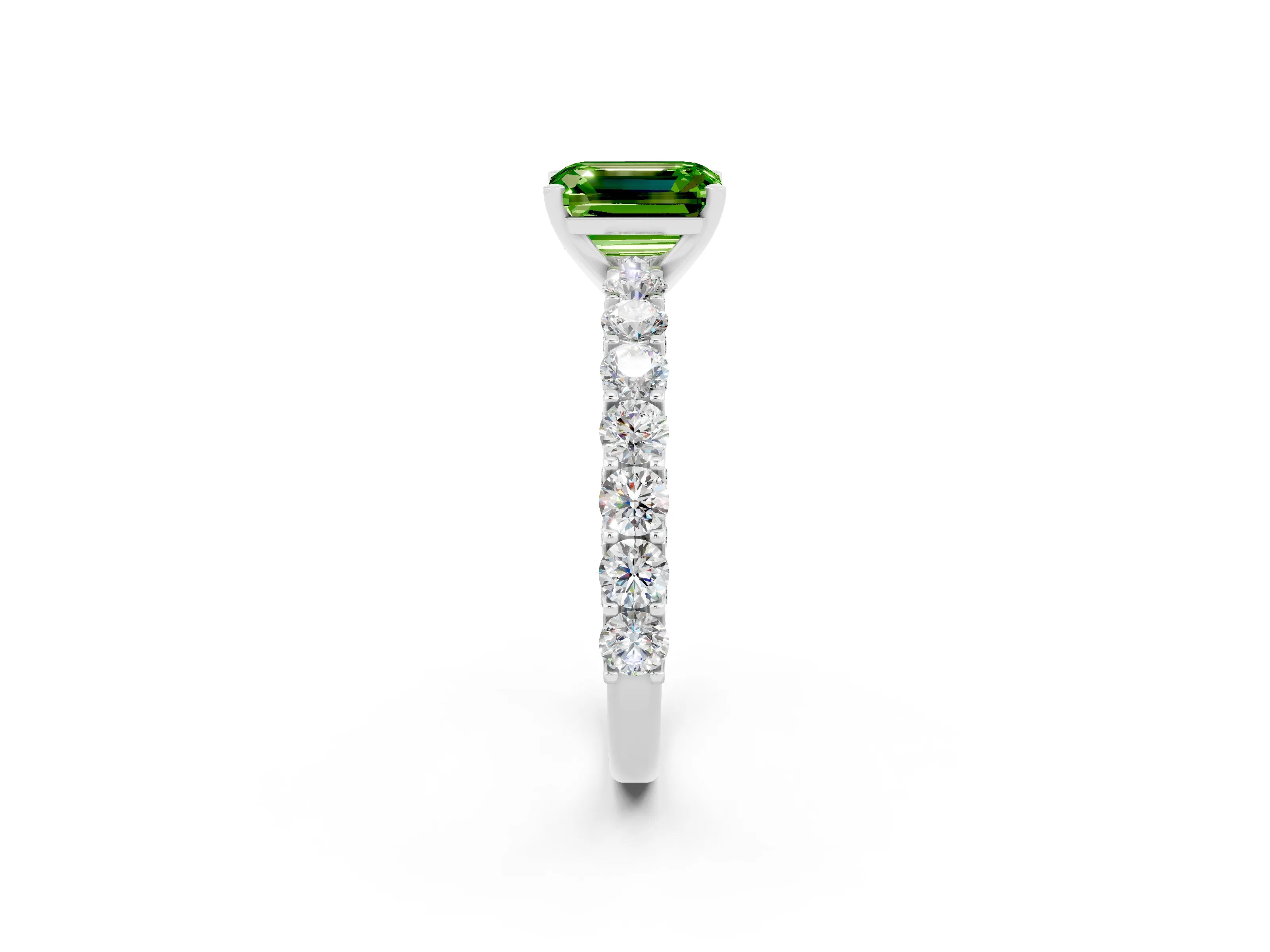 White gold Emerald Cut Peridot Solitaire Ring with Shared Prong Pavé Band and Four-Prong Setting_2